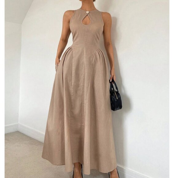 Hollow Front Cinched Waist A-Line Side Ruched Maxi Dress tan - Picture 5 of 7